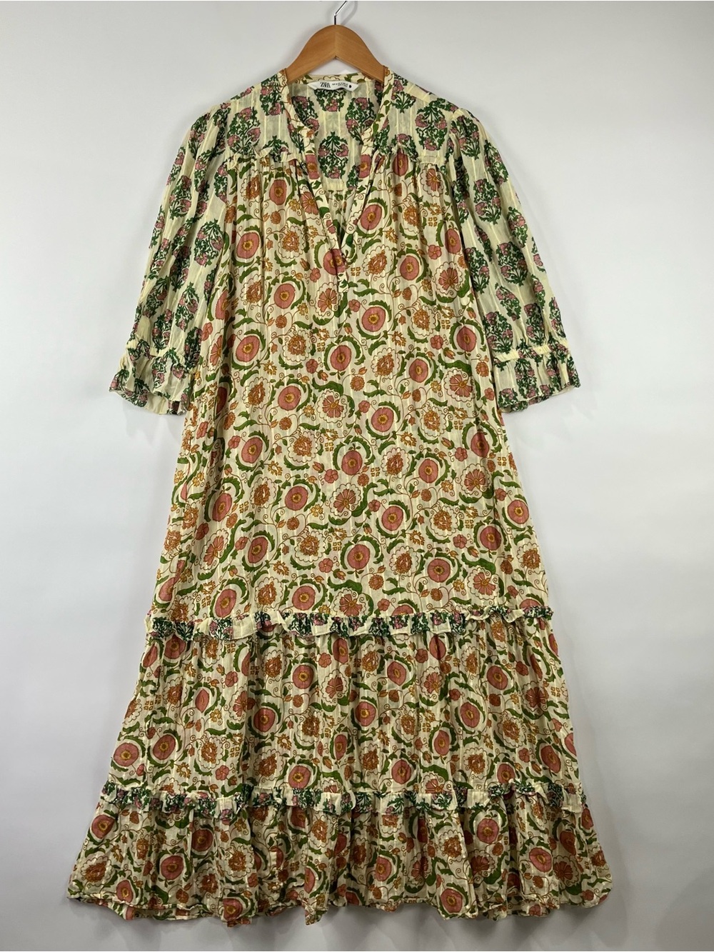Zara 100% Cotton Floral Boho Cottagecore 3/4 sleeves Tiered Maxi Dress M